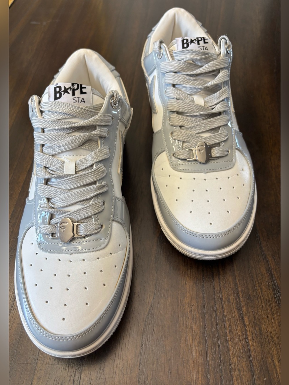BAPE STA White Gray Patent Leather Low Top Sneakers Size 8.5